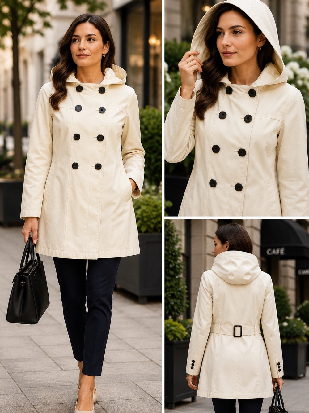 SOIA & KYO M L XL Ivory Hooded Trench Coat Quiet Luxury Designer Preppy Career